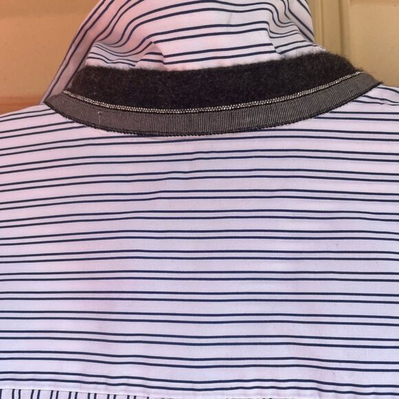 Lafayette 148 white w/blue narrow stripes, button down shirt, long sleeves, S/M - Picture 11 of 11